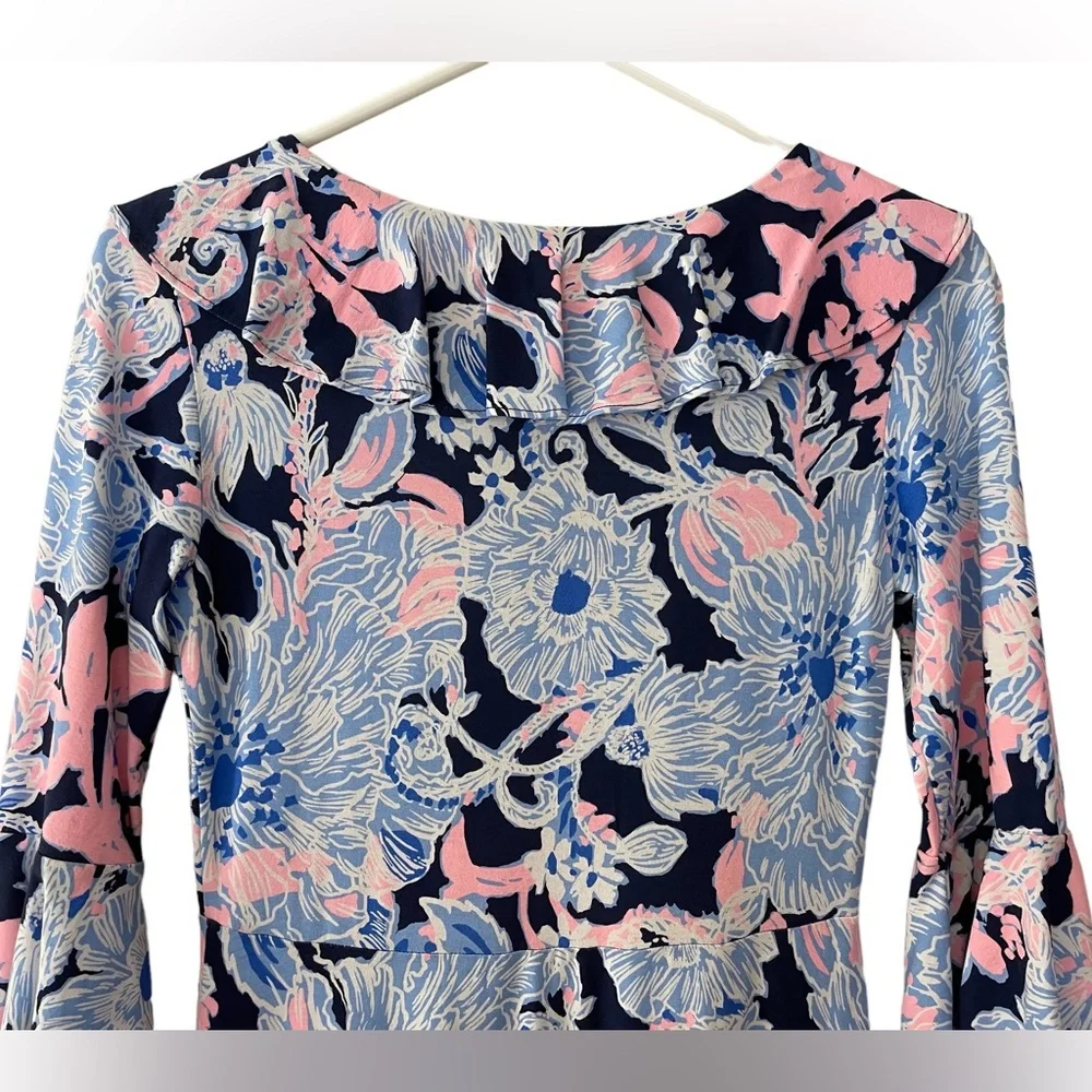 🌸 Lilly Pulitzer Stirling Ruffle Dress 3/4 Bell Sleeve, Bright Navy Amore Please - Picture 6 of 14